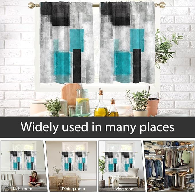 AAtter Teal Window Curtains for Kitchen Black Gray Grey Modern Abstract Funky Small Short Home Living Room Bedroom Bathroom Rod Pocket Drapes Treatment Tiers Fabric 1 Pair, 27.5" W x 36" L, Geometric