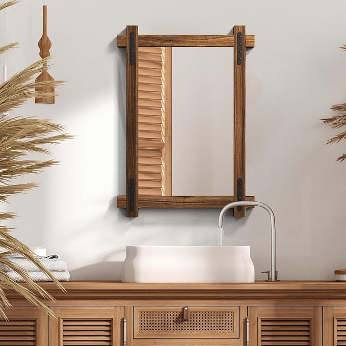 YOSHOOT Farmhouse Wood Bathroom Mirror, 48"x30" Rustic Wall Mirror, Round Corner Vanity Mirror for Decor, Vertical or Horizontal Hanging, Selected Wood, 100% Handmade