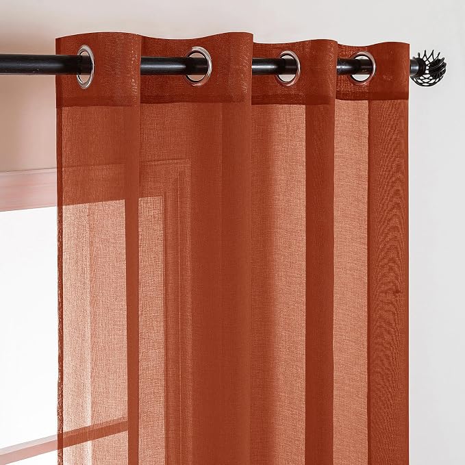 MIULEE 2 Panels Terracotta Semi Sheer Window Curtains Boho Grommet Top Window Voile Drapes/Treatment Linen Textured Panels for Bedroom Living Room Rust Retro Fall Modern Decor (54X84 Inches)
