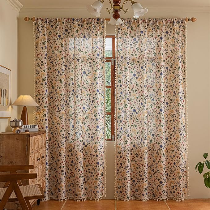 Deeprove Sheer Boho Floral Curtains 84 Inches Long Set of 2 Panels with Cream Tassels, Herbs Print Textured Window Drapes for Living Room Bedroom Light Filter Country Style Privacy, 52W x 84L