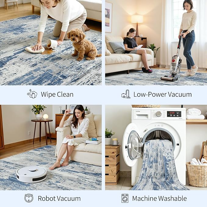 Area Rugs 9x12 Living Room: Large Soft Washable Rug Modern Abstract Anti-Skid Non-Shedding Carpet Indoor Floor Thin Carpets for Bedroom Dining Room Farmhouse Nursery Home Office Grey Blue