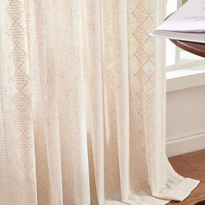 jinchan Boho Curtains Linen Blend Ivory Farmhouse Curtains 63 Inches Long for Living Room Square Embroidered Bordered Back Tab Living Room Window Light Filtering Bohemian Drapes 2 Panels