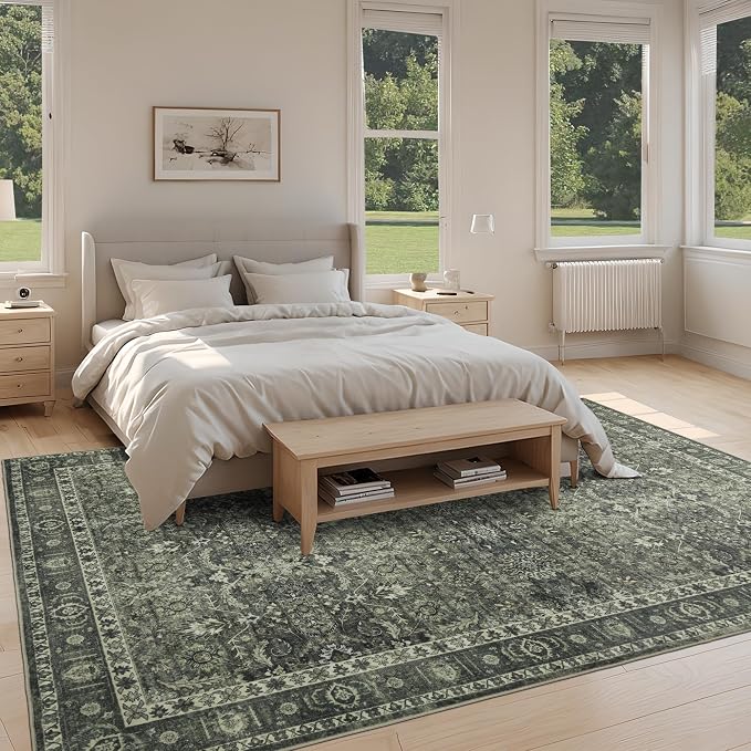 5x7 Vintage Washable Area Rug for Living Room,Low Pile Non Slip Carpet Non-Shedding Area Rug Soft Indoor Stain Resistant Rug Floral Print Mat for Bedroom Dining Room Green Floral