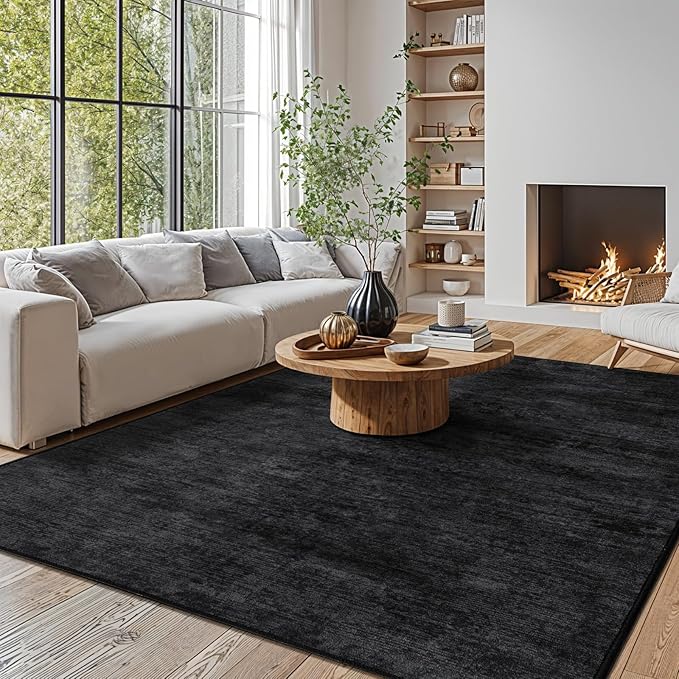 5x7 Washable Area Rug, Black Solid Area Rugs for Living Room & Bedroom | Stain-resistant & Non-slip backing,Low Pile Washable Large Carpet, Solid Vintage Style For High Traffic Areas(5x7,Black)