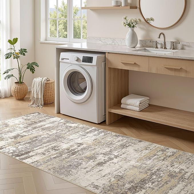 Hallway Washable Runner Rug: 3x8 Abstract Modern Soft Stain Resistant Non-Slip Backing Runner for for Entryway Kitchen Laundry - Gold Brown
