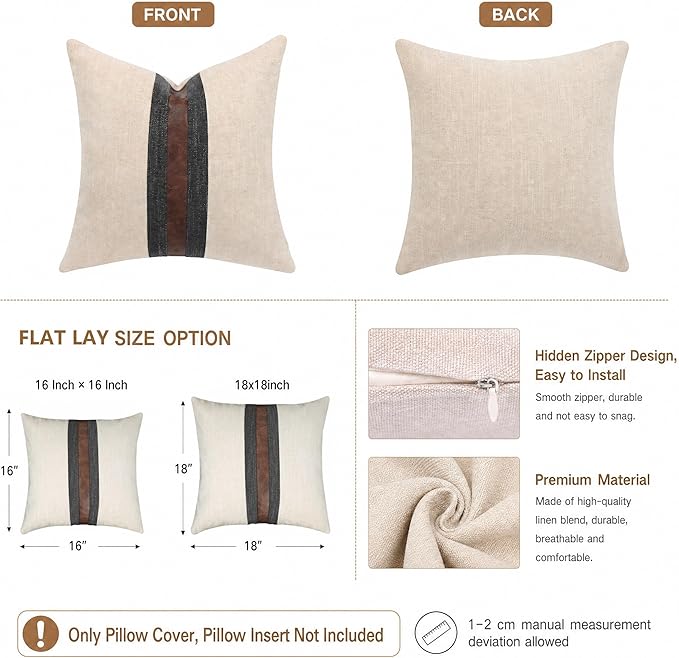Set of 2 Leather Throw Pillow Covers Cotton Linen Decor Patchwork Pillow Cover Faux Leather Pillows Cover for Couch Sofa Living Room Bedroom,Beige 18"x18"