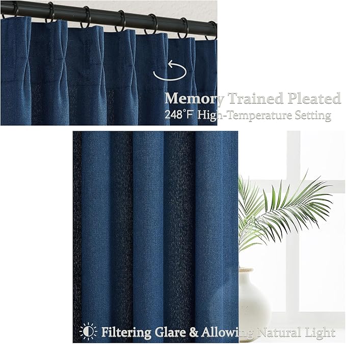 PleatedDrapes Denim Blue Semi Sheer Curtains 90 Inches Long for Dining Room 2 Panels Set, Modern Pinch Pleat Heavy Linen Blend Light Filtering Nursery Navy Drapes with Back Tab Window Burg 7-1/2 FT