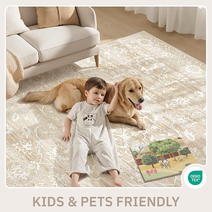 Soalmost 6x9 Area Rugs for Living Room, Washable Neutral Soft Rug Beige | Vintage Floral Non-Slip Low Pile Throw Large Carpet for Dining Room Bedroom Kitchen Home Office Nursery 6'x9'