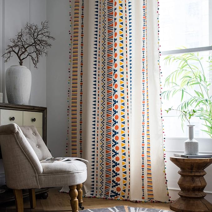 VOGOL Geo Diamond Bohemian Window Curtains - Cotton Linen Rod Pocket Drapes with Pompom Tassels for Living Room & Bedroom Decor, 59x94 Inches, 1 Panel