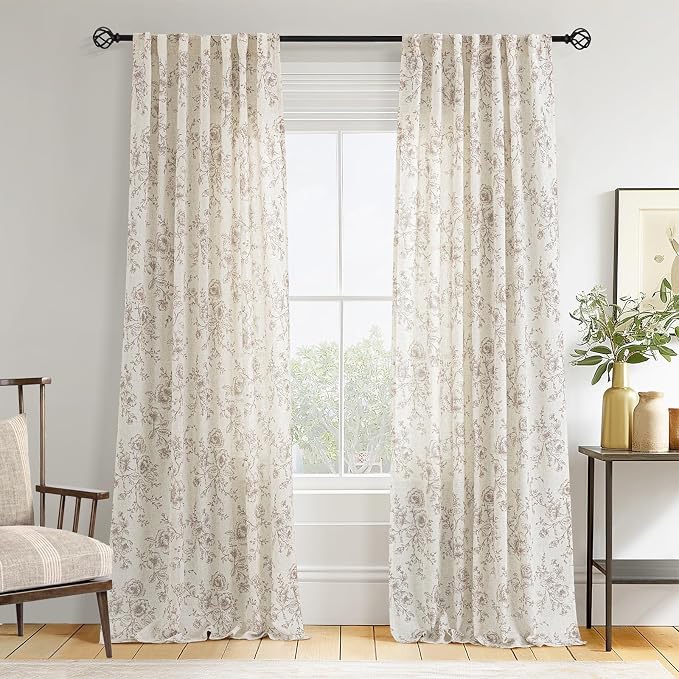 Coffee Floral Curtains 144 inch Length Back Tab Farmhouser Living Room Light Filtering Curtains Coffee Pattern Print on Cream White Linen Curtain Extra Long 12 FT Minimalist Aesthetic Vintage Decor