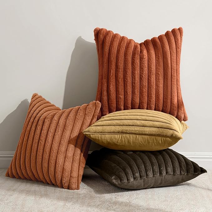 MIULEE Fall Faux Fur Plush Decorative Throw Pillow Covers 18x18 Set of 4, Boho Farmhouse Soft Fuzzy Striped Cushion Covers for Sofa Couch Bed Living Room Vintage Home Decor,Rust Orange