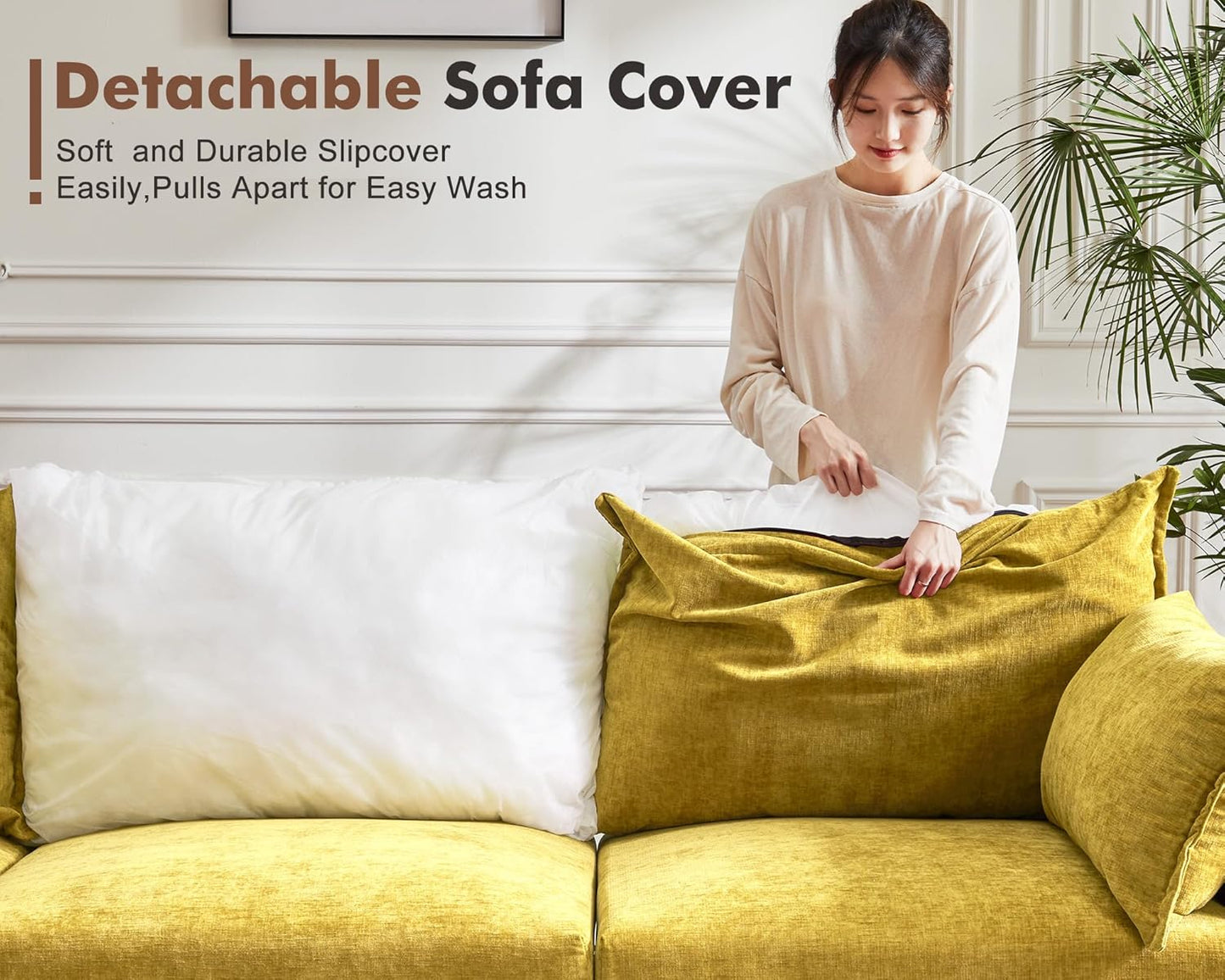 134.6" Luxury Modular Sectional Convertible Sofa with Storage Ottoman, L-Shape 5-Seat Oversized Comfy Couch Deep Seat with Reversible Chaise - Chenille Yellow