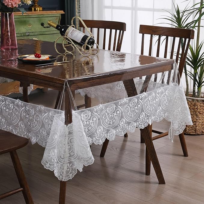 Waterproof PVC Tablecloth - Heavy Duty Clear Vinyl Table Cover Protector for Dining Tables - Thick Reusable Plastic Rectangle Ivory Table Cover - 60x106 Inches