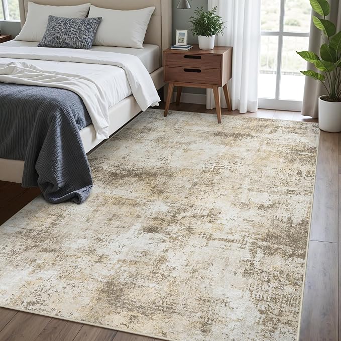 Area Rug Living Room Rugs: 5x7 Washable Rug with Anti-Slip Backing Non-Shedding Stain-Resistant Foldable Modern Abstract Carpet for Bedroom Dining Room Nursery Hallway Home Office Beige Grey