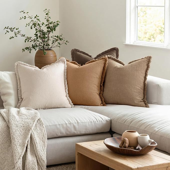 MIULEE Decorative Couch Pillow Covers Neutral Linen Fringe Throw Pillows Set of 4 Accent Rustic Cushions Boho Farmhouse Pillowcases for Bed Sofa Living Room Spring Home Decor 18x18 Inch Neutral Brown