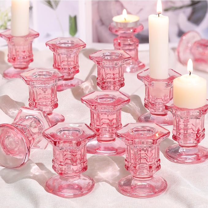 Lanttu 12 Pcs Pink Candlestick Holders Bulk Glass Candle Holders 2.9"x3.08" | Crystal Taper Candle Holder for Wedding, Table Centerpiece, Home Decoration