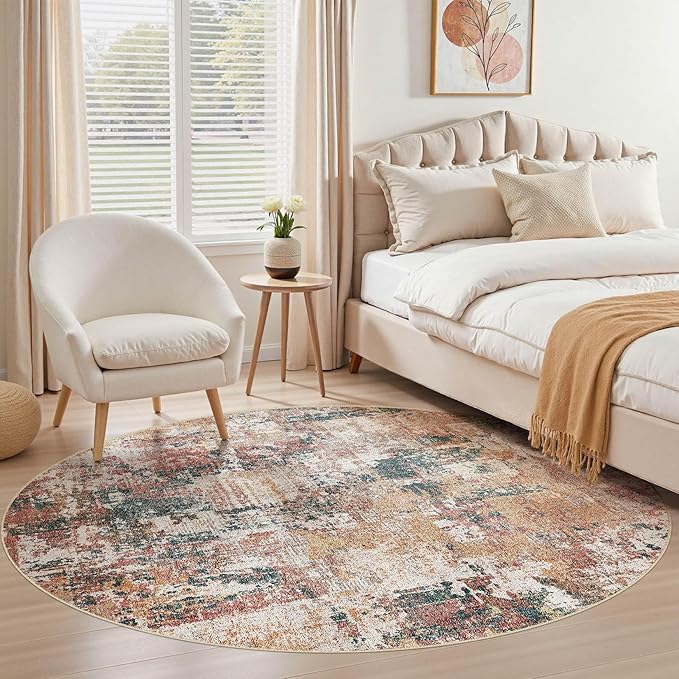 Tortania Washable 8' Round Area Rug for Living Room: Modern Abstract Neutral Large So' Thin Rugs - Non Slip Indoor Carpet for Bedroom Dining Room Office Nursery Home Floor Decoration - Colorful Multi