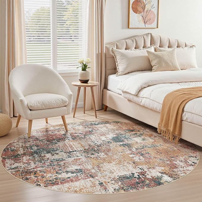 Tortania Washable 10' Round Area Rug for Living Room: Modern Abstract Neutral Large So' Thin Rugs - Non Slip Indoor Carpet for Bedroom Dining Room Office Nursery Home Floor Decoration - Colorful Multi