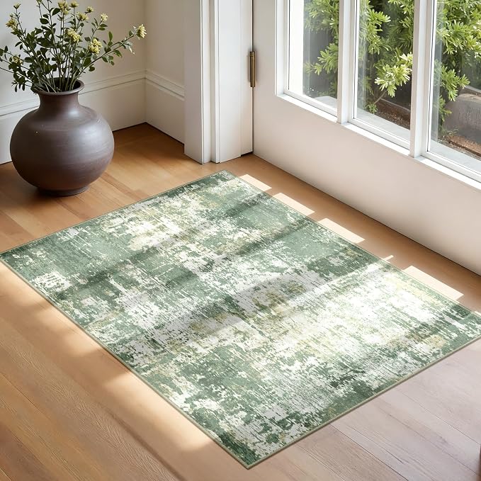 RELEANY Washable Area Rugs 2'x3' Non-Slip Modern Abstract Soft for Living Room Entryway Bedroom Kitchen, Print Pattern, Light Green/Yellow