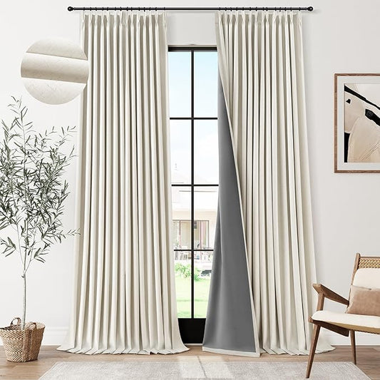 100% Blackout Pinch Pleated Linen Curtains 108 Inches Long 2 Panels Set for Bedroom Living Room Cream Natural Linen Pleat Drapes Thermal Insulated Black Out Curtains Floor to Ceiling Length 9 Ft