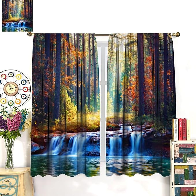 Natural Forest Blackout Curtains for Kitchen,Vintage Rustic Primitive Maple Forest Waterfall River Landscape Window Drapes Print for Boys Girls Bedroom Living Room 52x84in