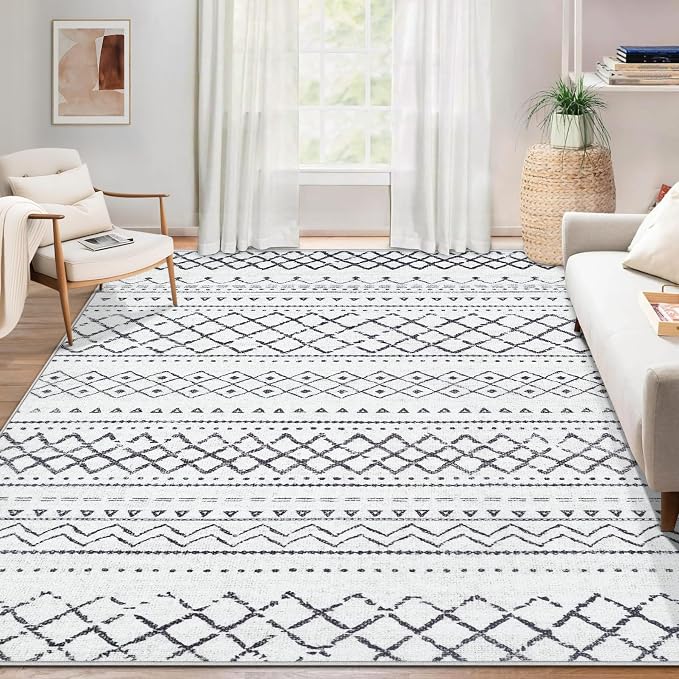Area Rug for Living Room 9x12: Large Washable Boho Moroccan Rugs Geometric Neutral Rug, Non-Slip Foldable Morden Farmhouse Indoor Floor Carpet for Bedroom Dining Table Home（Black,9'X12'）