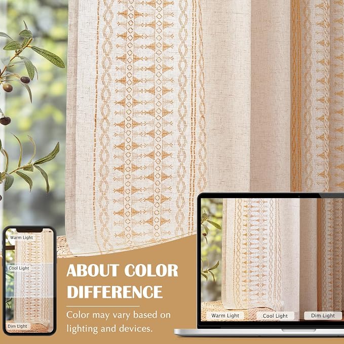 jinchan Boho Curtains for Bedroom Linen Blend Boho Curtains 96 Inches Long 2 Panels Farmhouse Embroidered Drapes for Living Room Drapes Light Filtering Grommet Window Traetments Gold on Beige