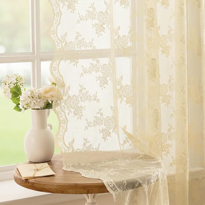 MEETSKY Lace Sheer Curtains 84 Inch Long 2 Panels Set Vintage French Victorian Spring Floral Pattern Design Light Filtering Rod Pocket Drapes for Living Room, 50" W Each Panel, Light Yellow