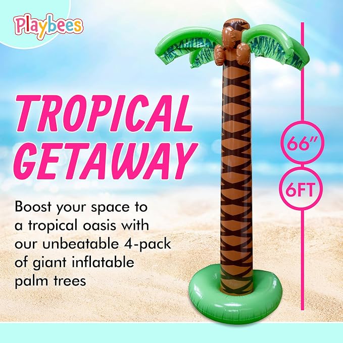 Playbees Giant Inflatable Palm Trees 6 Foot - 4 Pack - Beach Party Decorations for Summer Luau Themed Pool Party, Tropical Hawaiian Blow Up Palm Tree Favors - Poolside Ambiance, Easy Inflation