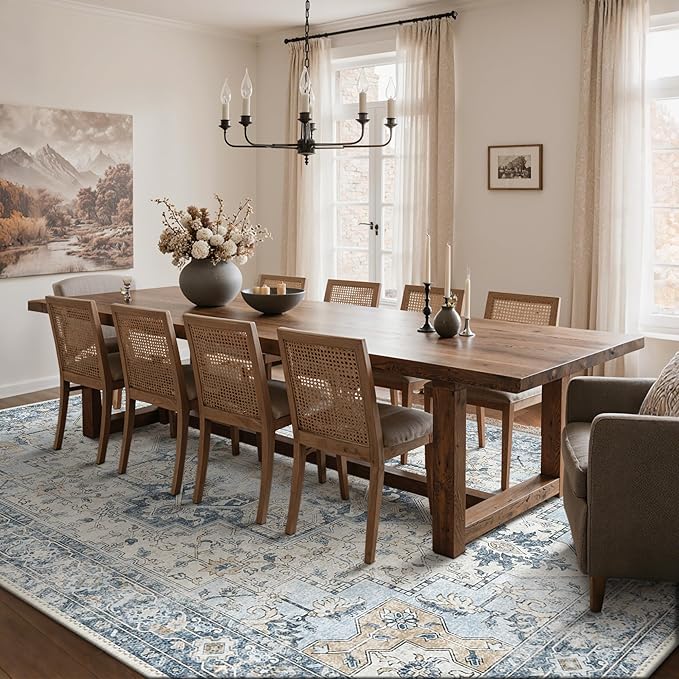 GENIMO 3x5 Area Rugs for Living Room, Machine Washable Rug, Non Slip Vintage Rugs, Low Pile Lightweight Chenille Print Rug for Bedroom, Dining Room, Home Office, Blue