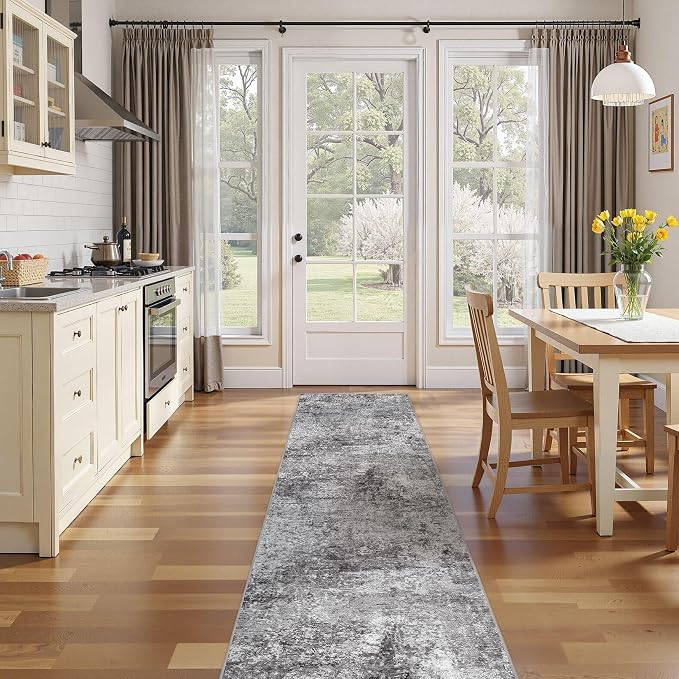 DMOYEST Washable Runner Rug for Hallway: 2.6x10 Neutral Modern Abstract Low Pile Area Rug with Non-Slip Backing - Carpet for Bedroom Kitchen Laundry Entryway Bathroom Indoor - Grey