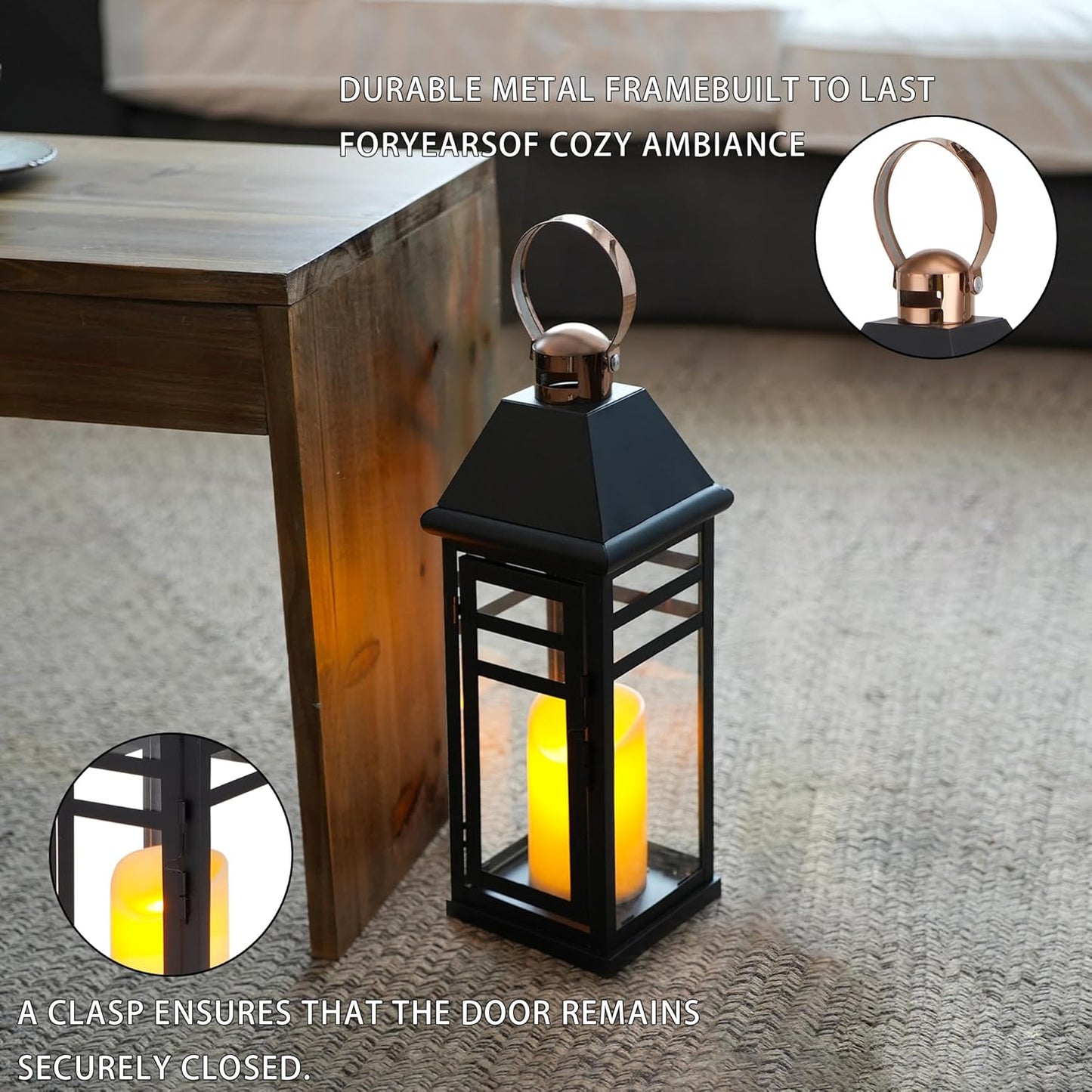 TRIROCKS Decorative Vintage Candle Lanterns 15.5" H Farmhouse Outdoor Hanging Lanterns with Tempered Glass for Porch, Balcony, Patio, Home, Centerpieces, Indoor, Outdoor(Black with Gold top)