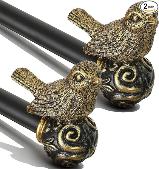 2 Pack Black Curtain Rods for Windows 48 to 84 Inch, Vintage Decorative Curtain Rod with Gold Bird Finials, 1'' Adjustable Heavy Duty Drapery Rod Set for Bedroom Living Room Kitchen,36-88''