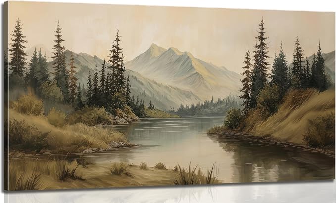 ZAWUDVC Large Neutral Mountain Lake Wall Art, Pine Forest Landscape Canvas Print Poster, Rustic Nature Green Botanical Wall Decor for Living Room Bedroom, Earth Tone Forest Wilderness Art,