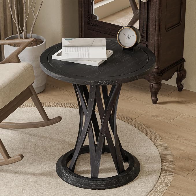 COZAYH Round Farmhouse End Table with Crisscross Pedestal Base, Distressed Finish Side Table Rustic Accent Table for Living Room, Pine Wood, Black