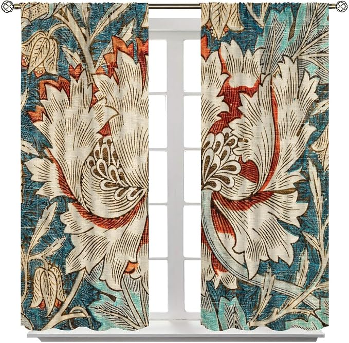 William Morris Plant Floral Blackout Window Curtains, Bohemian Vintage Rustic Flowers William Morris Art Style Window Drapes, for Bedroom Living Room 42(W)*84(L) 2 Panels