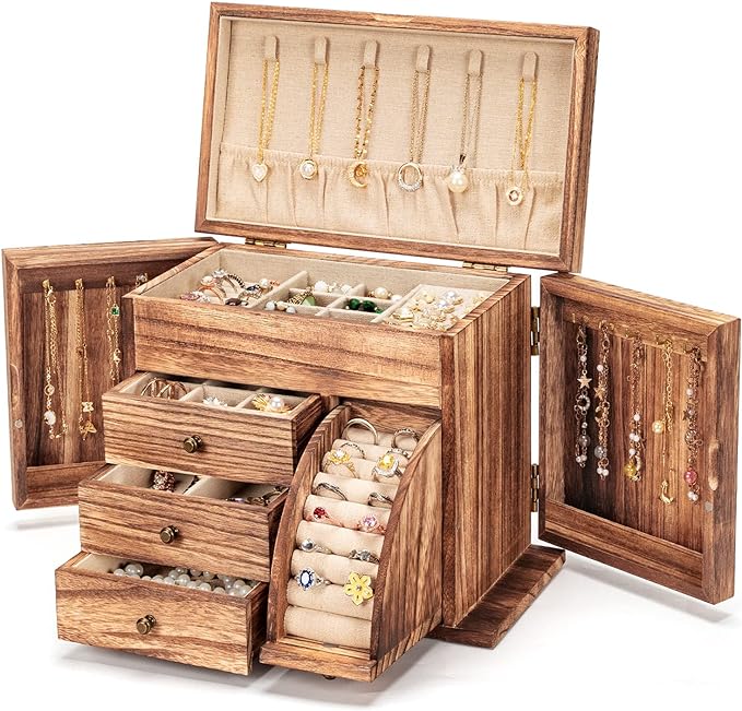 Poyilooo Jewelry Box Organizer, Solid Wood Jewelry Boxes for Women for Storage & Display Necklace Ring Earring Bracelet, Rustic Style Jewelry Organizer Box for Women Gifts (Carbonized Brown)