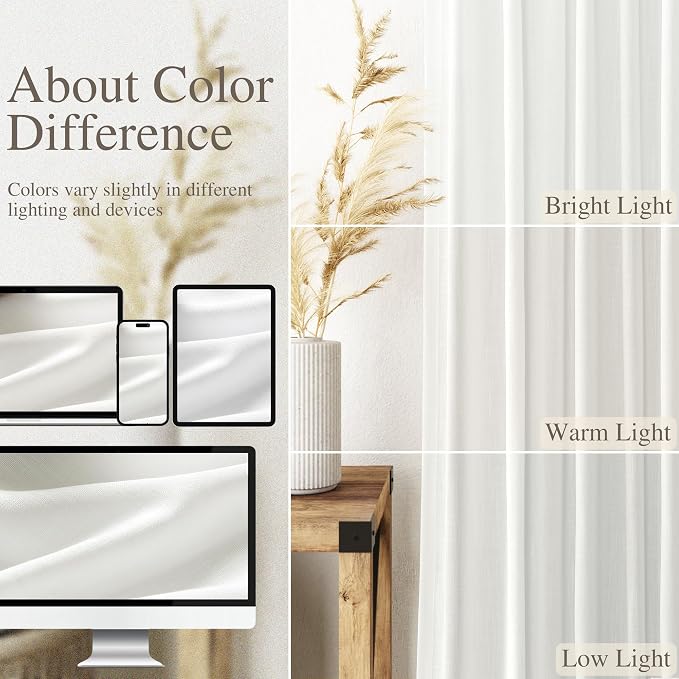 Nanspring Off White Kitchen Curtains 36 Inch Length Set 2 Panel Back Tab Pocket Semi Sheer Short Linen White Curtain Tiers for Small Bathroom Window Basement 52x36