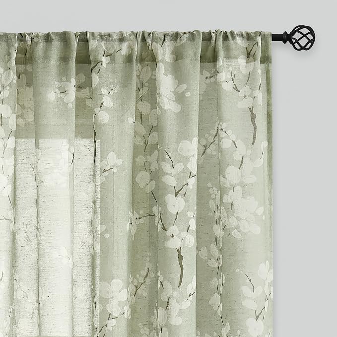 FMFUNCTEX Linen Sheer Curtains for Bedroom, Sage Green Blossom Print Curtains 63 Inch Length for Living Room, Floral Patterned Farmhouse Curtain Light Filtering Window Drapes 2 Panels, Rod Pocket