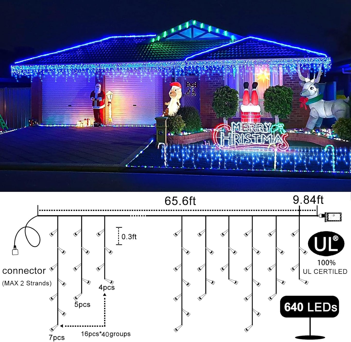 Halloween Icicle Lights Outdoor, 66 FT 640 LED Icicle Lights for Outside 8 Modes with 120 Drops, Plug in Waterproof Blue Halloween Light for House Indoor Holiday Pavilion Balcony Decorations