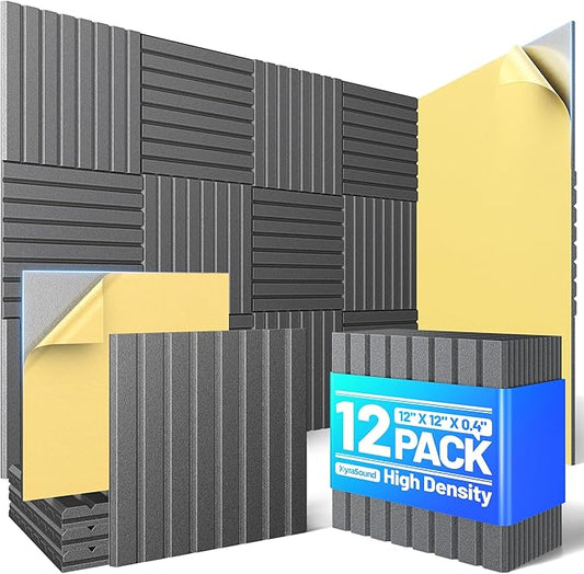 12 Pack Sound Proof Foam Panels for Walls, Acoustic Panels with Self-Adhesive 12" X 12" X 0.4" Slatted Soundproof Wall Panel, High Density Sound Absorbing Panel for Gaming Recoding Studio Decor-Black
