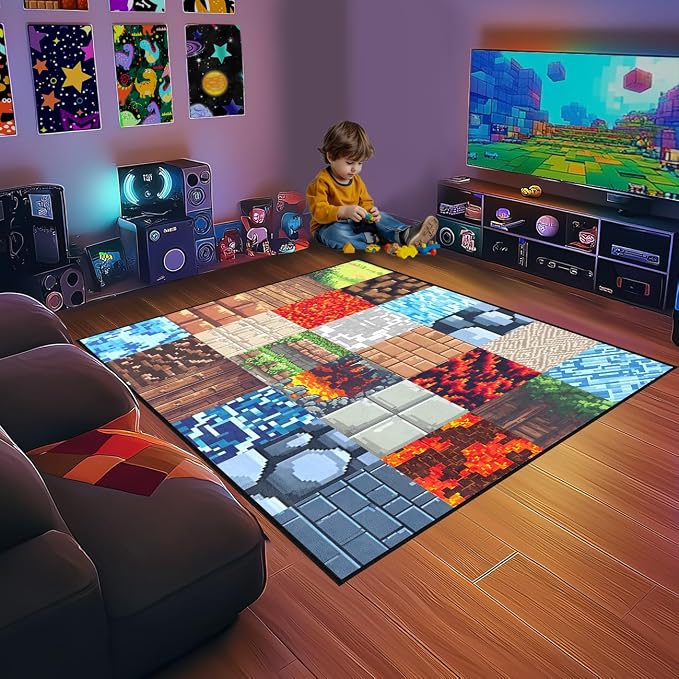 Game Rug - Old Game Block Theme Carpets for Gaming Room Decor Soft Rugs for Boys Bedroom Playroom Living Room Floor Mat, 4'x6'