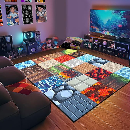 Game Rugs for Boys Bedroom - Old Game Block Theme Carpets for Room Decor Video Gamer Rug Soft Rugs for Boys Bedroom Playroom Living Room Floor Mat, 5'x7'