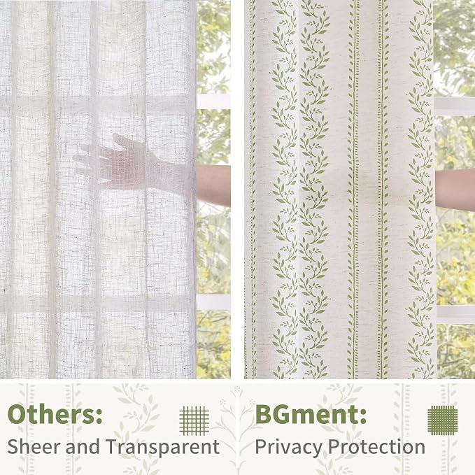 BGment Sage Green Curtains Spring Leaf Floral Print Cottage Core Botanical Curtains for Bedroom Light Filtering Curtain 63 Inch Long for Farmhouse Rustic, Each 52 Inch Wide, 2 Panels Set