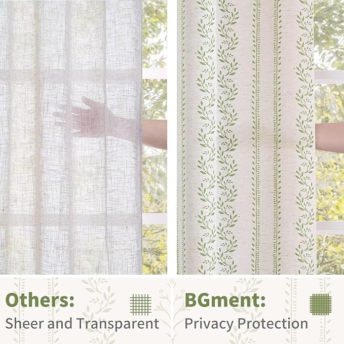 BGment Sage Green Curtains Spring Leaf Floral Print Cottage Core Botanical Curtains for Bedroom Light Filtering Curtain 72 Inch Long for Farmhouse Rustic, Each 52 Inch Wide, 2 Panels Set