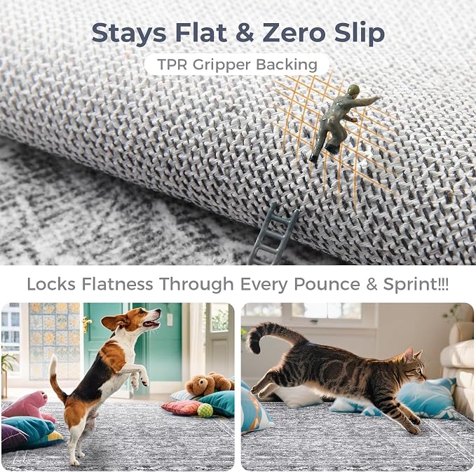 OPPODREAM Vintage Grey Area Rugs 6x9, 6 x 9 Retro Washable Rug Non Slip, Low-Pile Faux Wool Carpet, Distressed Gray Floor Mat for Living Room, Bedroom, Kitchen, Office, Dorm, Dinning Room