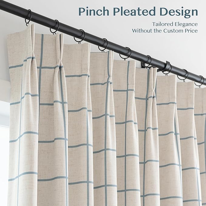 THREE GIRLS Pinch Pleated Plaid Curtains Blackout Linen Gingham Blue Curtains for Living Room,Bedroom Checkered 120 Inches Long Double Layer 2 Panels Set Luxury and Modern Printed Design Darkening