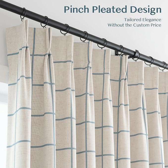 THREE GIRLS Pinch Pleated Plaid Curtains Blackout Linen Gingham Blue Curtains for Living Room,Bedroom Checkered 102 Inches Long Double Layer 2 Panels Set Luxury and Modern Printed Design Darkening