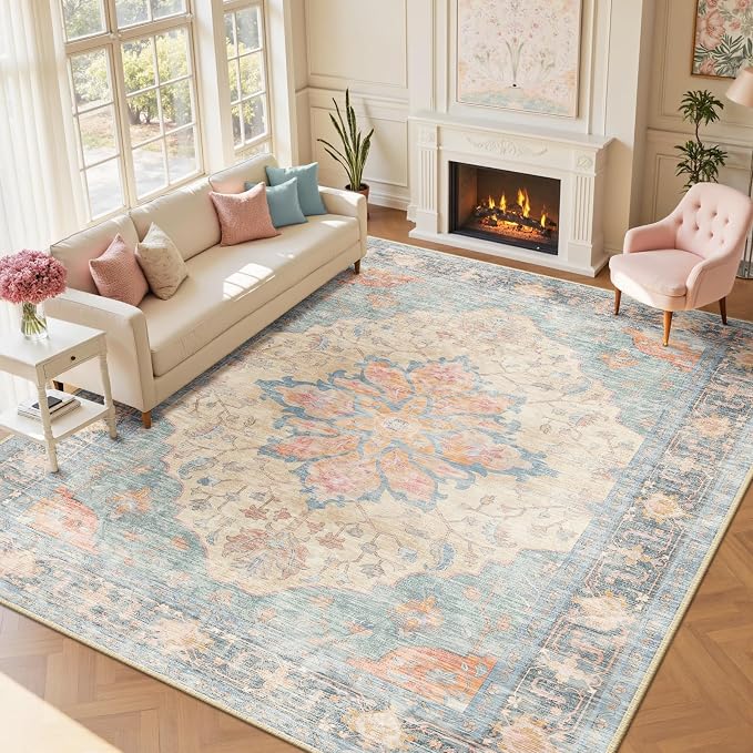 RELEANY Area Rugs Large 10'x12' Washable Non-Slip, Floral Vintage Distress Medallion Carpet for Living Room Bedroom Dining Room, Blue Orange Red