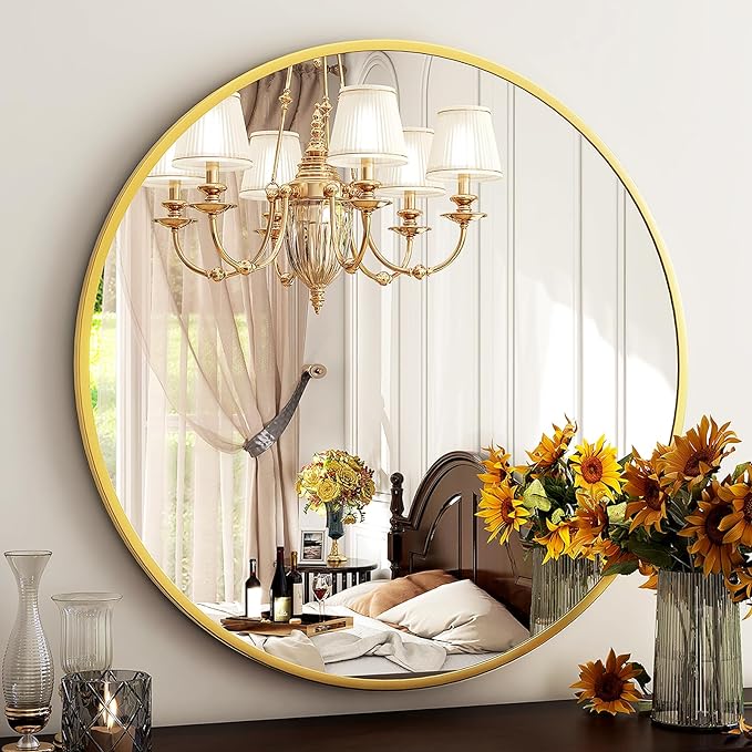 HARRITPURE 24 Inch Round Mirror, Gold Circle Bathroom Mirror, Modern Aluminum Alloy Frame Wall Mounted Vanity Mirror for Living Room, Bedroom, Entryway